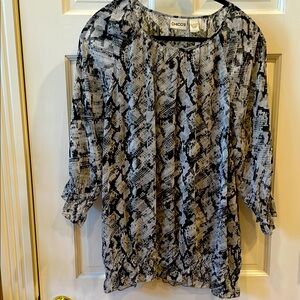 Chico's Black and Gray Graphic 3/4 Sleeve Tunic, Chico’s Size 2, same as 12/14.